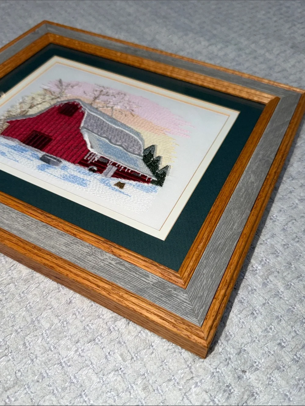Vtg Needlepoint Embroidered Red Barn Winter Crewel Barn wood Frame Wall Hanging
